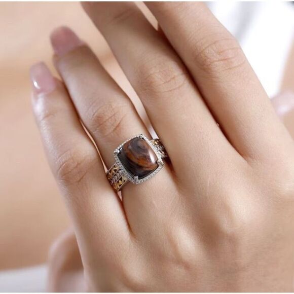 Coffee Obsidian 4ctw Solitaire Ring in 14K YG and Platinum Over Copper W Magnet - Picture 3 of 6